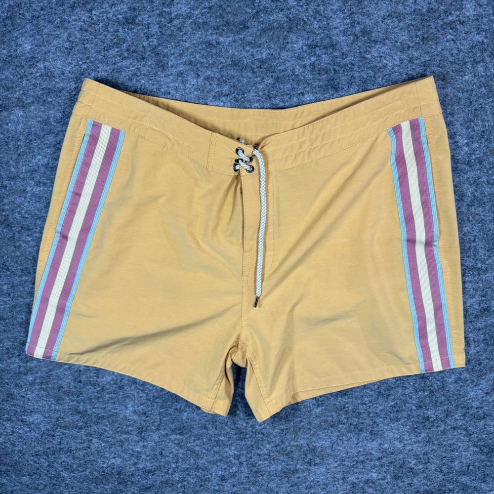 Faherty Retro Surf Stripe Boardshorts Mens 38 Honey Yellow Side Stripe Coastal